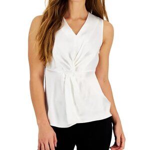 NEW Alfani Womens Twist Front V-Neck White T-Shirt, PM/Medium
